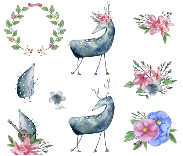 사슴 물감 디자인 꽃튕기는 부레옥잠 세트 새 봄 동물 캐릭터 그림 결혼 색상 미술 생일 파티를 위한 삽화 — 스톡 사진