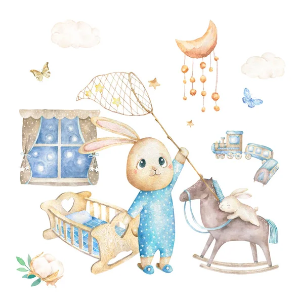 Симпатичная поздравительная открытка с днем рождения с мультяшным Кроликом и детской комнатой, бабочкой и катушкой. Акварель кролика клип искусство и красота boho. Детская душевая карточка — стоковое фото