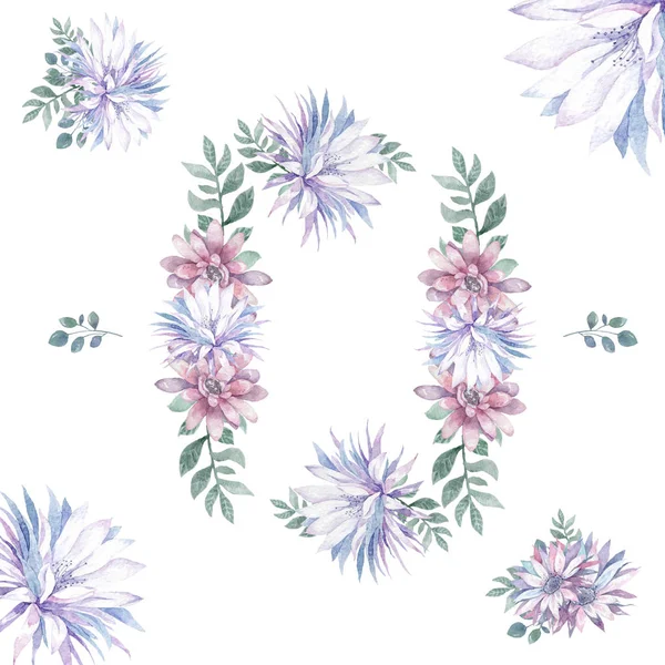 Einladung. Hochzeit- oder Geburtstagskarte. Blumenrahmen. Aquarell Hintergrund mit rosa Blüten und grünen Blättern. Boho-Stil. Schönheit isoliert Strauß quadratischen Rahmen Hintergrund — Stockfoto