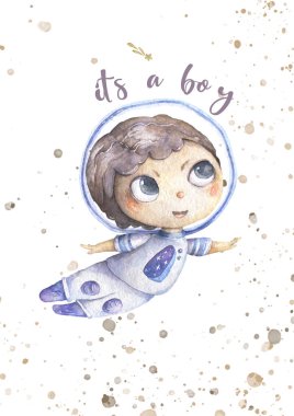 Mavi Scanfand 'lı Mutlu Çocuk suluboya tatlı çizgi film resimleriyle uçuyor. Yıldızların arka planında izole edilmiş klip sanatı. Bebek partisi, doğum günü, küçük hayalperest için davetiye