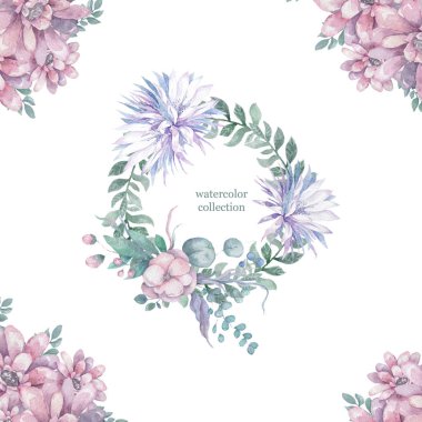 Davetiye. Düğün ya da doğum günü kartı. Çiçek çerçevesi. Pembe çiçekli ve yeşil yapraklı suluboya arkaplan. Boho tarzı. Güzellik izole buket daire çerçeve arka planı