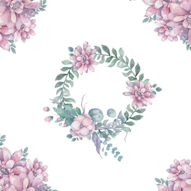 Davetiye. Düğün ya da doğum günü kartı. Çiçek çerçevesi. Pembe çiçekli ve yeşil yapraklı suluboya arkaplan. Boho tarzı. Güzel izole buket daire çerçeve pembe yaprak arkaplan