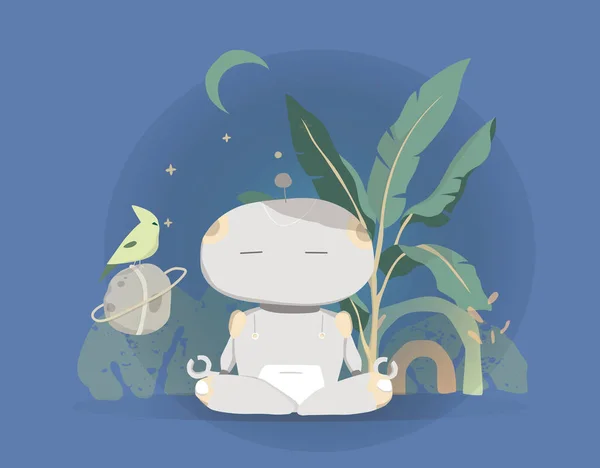 Nowoczesny Robot w pozycji lotosu z roślin ogrodowych izolowane na tle niebieskiej nocy Cute Cartoon Character Sztuczna inteligencja Concept Flat Vector Ilustracja — Wektor stockowy