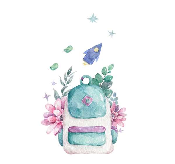 Mochila Watecolor con flores de color rosa y hojas verdes, cohete. ilustración aislada en blanco. Mochila, mochila, mochila, mochila para viajar, senderismo, estudiantes, escuela. Estilo de pintura — Foto de Stock