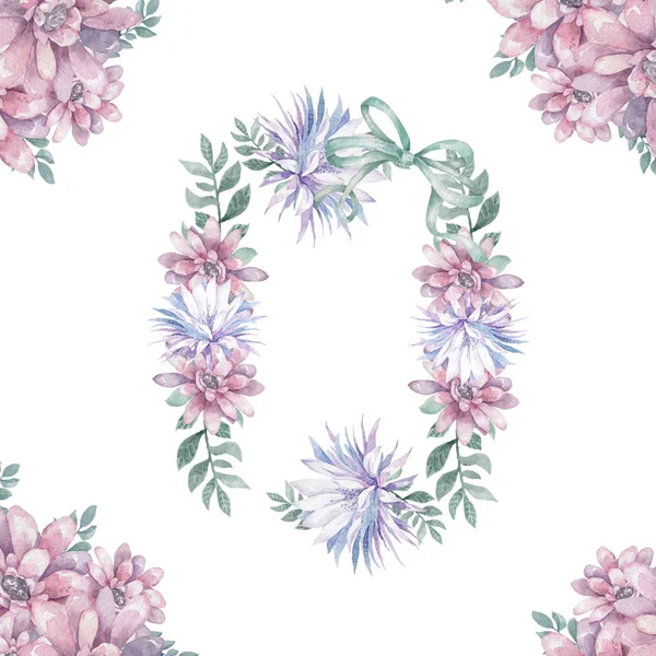 Invito. Biglietto di nozze o di compleanno. Telaio di ramo floreale. Sfondo acquerello con fiori rosa e foglie verdi. Stile Boho. Bellezza isolato bouqet quadrato orizzontale cornice sfondo — Foto Stock