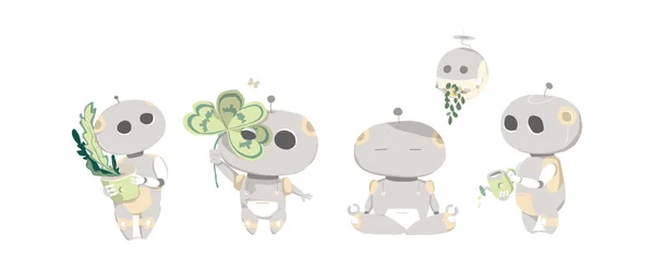 Ensemble de mignons robots plats. Illustration moderne. Robots d'art de clip de caricature avec plante, méditation. Montre Android et prendre soin des plantes, aider avec les fleurs sur fond blanc — Image vectorielle