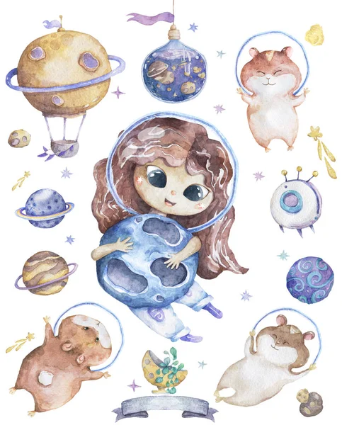 Bonito sorridente menina marrom flores de cabelo na cabeça tomar planeta azul em mãos conjunto de satélites, planeta e hamster engraçado Aquarela Definir com objetos espaciais isolados em desenhos animados ilustração branca para crianças — Fotografia de Stock