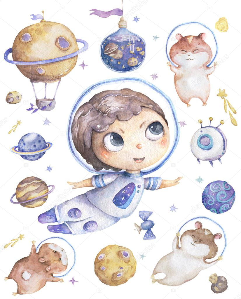 Cute smiling boy brown hair flowers in head take blue planet in hands set of satellites, planet and funny hamster Watercolor Set with space objects isolated on white Cartoon illustration for children