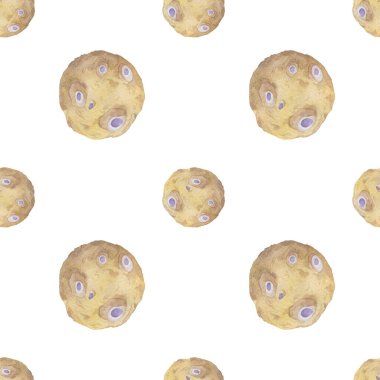 Uzay arka planında sarı toz gezegenleri olan tatlı suluboya desenler, kozmos deseni. Renkli çocuk resimlerini çizmek. Sarı noktalar