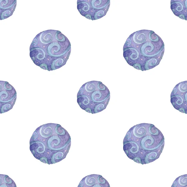 Cute watercolor pattern with fantasy cartoon blue planets on the space background, cosmos texture. Painting colorful kid illustration