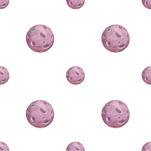 Cute watercolor pattern with fantasy cartoon pink planets on the space background, cosmos texture. Painting colorful kid cosmic illustration