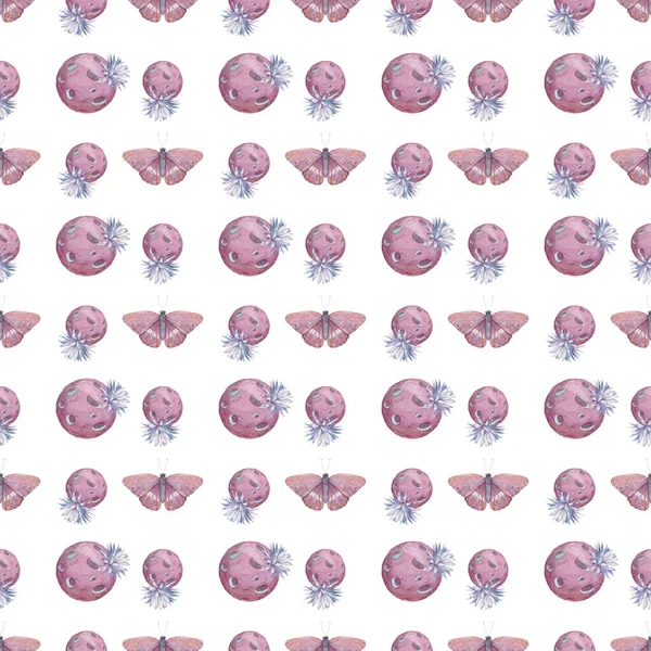 Cute watercolor pattern with fantasy cartoon pink planets and pink butterfly on the space background, cosmos texture. Painting colorful kid cosmic illustration