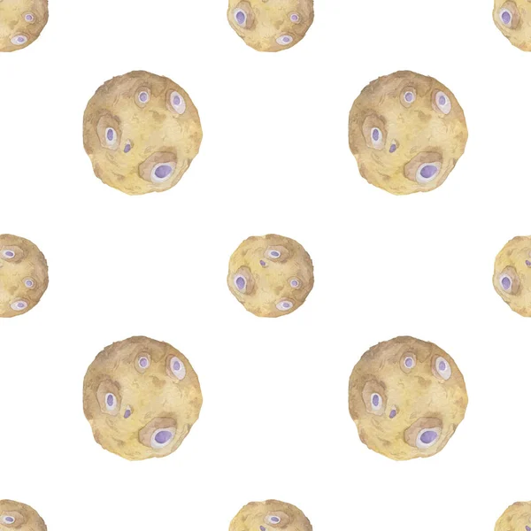 Cute watercolor pattern with fantasy cartoon yellow dust planets on the space background, cosmos texture. Painting colorful kid illustration. Yellow dots