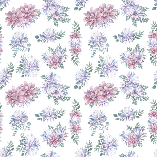 Dieses moderne rosa und lila Blumenmuster hat einen sich wiederholenden Blumenhintergrund mit Pastellfarben. Aquarell Lotus und Kaktusblüten bunte Illustration für Hochzeit, Clebration, laden ein — Stockfoto