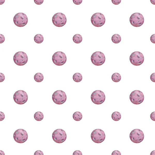 Cute watercolor pattern with fantasy cartoon pink planets on the space background, cosmos texture. Painting colorful kid cosmic illustration