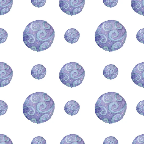 Cute watercolor pattern with fantasy cartoon blue planets on the space background, cosmos texture. Painting colorful kid illustration. Blue dots