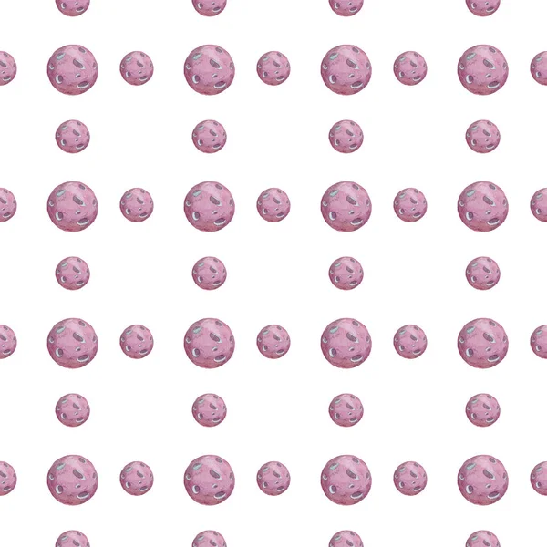 Cute watercolor pattern with fantasy cartoon pink planets on the space background, cosmos texture. Painting colorful kid cosmic illustration dots