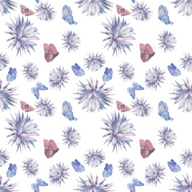 Cactus Blossom, Shallow Depth of Field. Adorable watercolor cute colorful illustration with butterfly blue and pink background Seamless pattern Orchid Cactus Queen of the Night, Epiphyllum Oxypetalum.