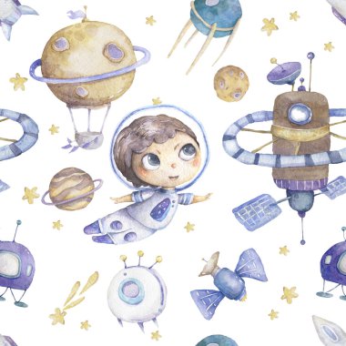 Cute boy astronaut with rocket and planets background seamless pattern watercolor colorful cosmic kid cartoon illustration with stars and air balloon