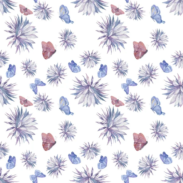 Κάκτους Μπλόσομ, ρηχό βάθος πεδίου. Αξιολάτρευτο ακουαρέλα χαριτωμένο πολύχρωμο εικονογράφηση με πεταλούδα μπλε και ροζ φόντο Απρόσκοπτη μοτίβο Orchid Cactus Βασίλισσα της νύχτας, Epiphyllum Oxypetalum. — Φωτογραφία Αρχείου