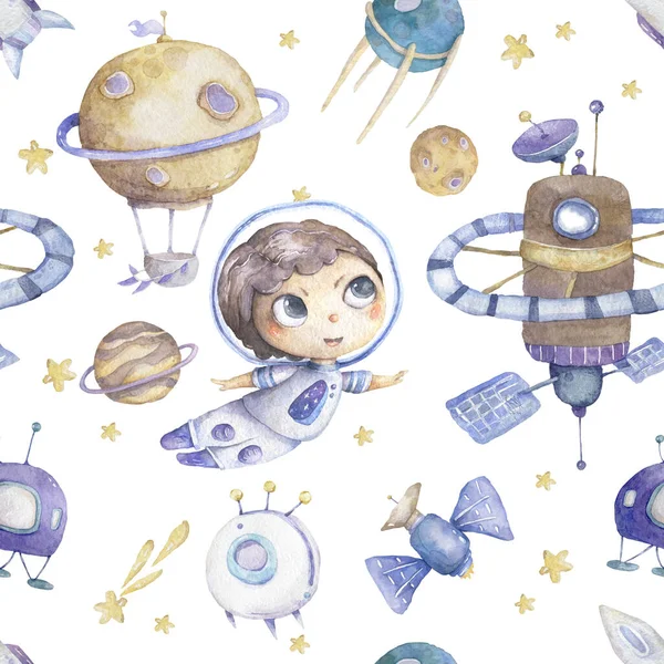 Cute boy astronaut with rocket and planets background seamless pattern watercolor colorful cosmic kid cartoon illustration with stars and air balloon — Stock Photo, Image