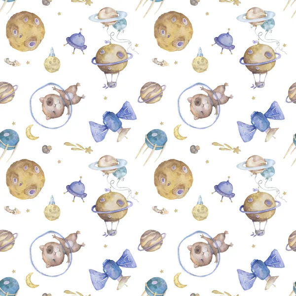 Cute Hand drawn space with cute hamster asrtonaut background. Watercolor cute pattern on space colorful illustration with planet, spaceship and stars. Kid clip art — 스톡 사진