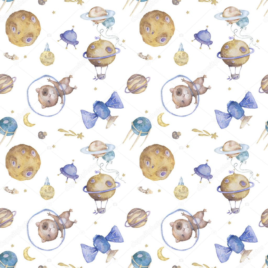 Cute Hand drawn space with cute hamster asrtonaut background. Watercolor cute pattern on space colorful illustration with planet, spaceship and stars. Kid clip art