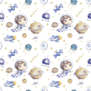 Cute boy astronaut with rocket and planets background seamless pattern watercolor colorful cosmic kid cartoon illustration with stars and air balloon
