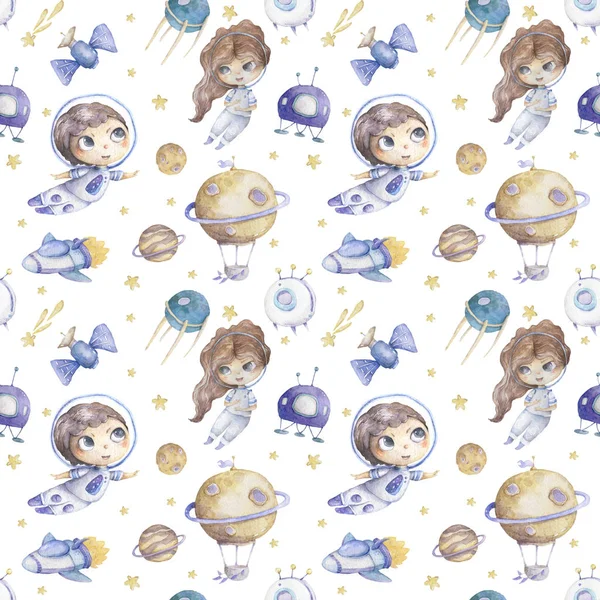 Cute boy and girl astronaut with rocket and planets background seamless pattern watercolor colorful cosmic kid cartoon illustration with stars and air balloon