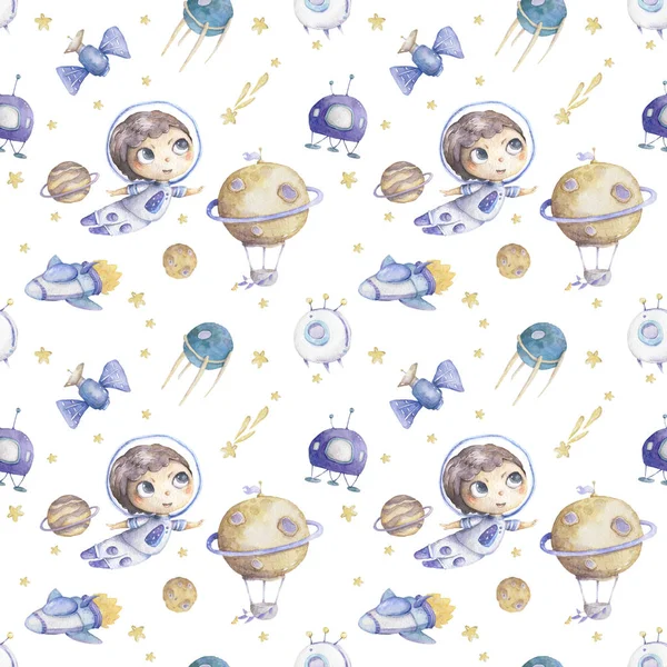 Cute boy astronaut with rocket and planets background seamless pattern watercolor colorful cosmic kid cartoon illustration with stars and air balloon