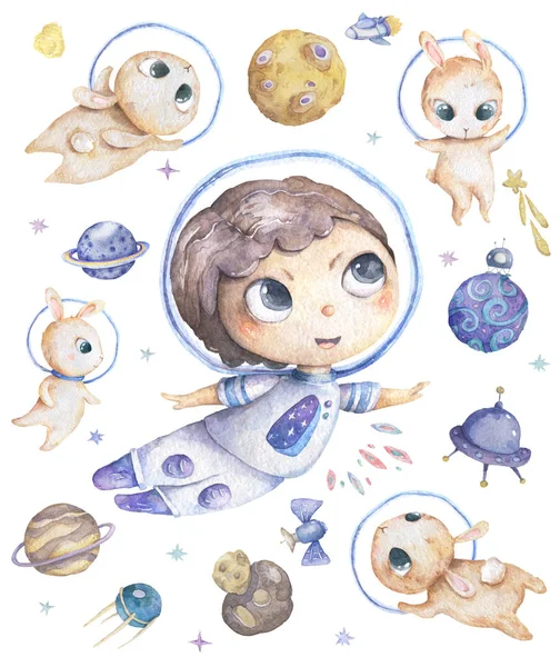 Niedlichen lächelnden Jungen braune Haare Blumen im Kopf nehmen blauen Planeten in den Händen Satz von Satelliten, Planeten und lustige Hamster Aquarell-Set mit Weltraumobjekten isoliert auf weißen Cartoon-Illustration für Kinder — Stockfoto