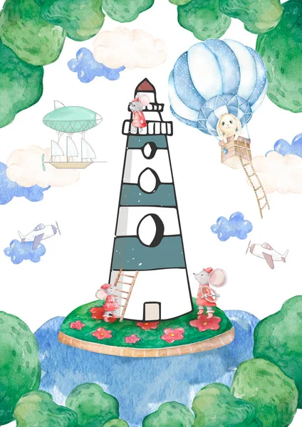 Lindos niños acuarela ilustración conjunto dibujos animados divertidos ratones con faro en la isla tarjeta de ducha de bebé, cartel, para el saludo, tarjeta postal de cumpleaños — Foto de Stock