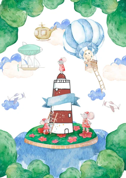 Carino acquerello bambini illustrazione set cartoni animati divertenti topi e aria palloncino coniglietto con faro sull'isola Baby scheda doccia, poster, per il saluto, cartolina di compleanno. Salva l'Australia — Foto Stock