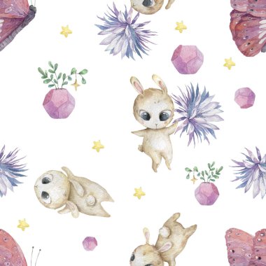 Çiçekli, pembe kelebekli şirin tavşancık desenli sulu boya. Sevimli renkli karikatür bebek illüstrasyonu selamlama için, davet ödülü