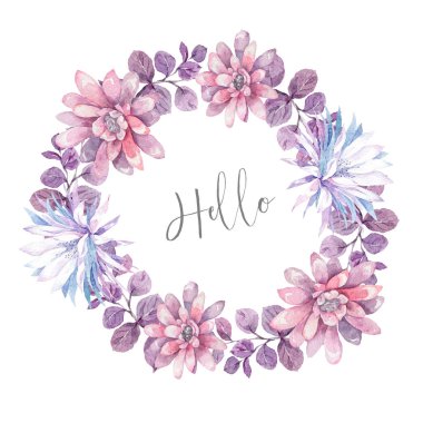 Davetiye. Düğün ya da doğum günü kartı. Çiçek çerçevesi. Pembe bahar, kırmızı, mavi ve yeşil yapraklı suluboya arkaplan. Boho tarzı. Güzellik izole buket daire çerçeve arka planı