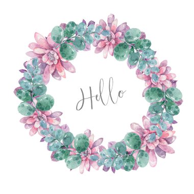 Davetiye. Düğün ya da doğum günü kartı. Çiçek çerçevesi. Pembe bahar, kırmızı, mavi ve yeşil yapraklı suluboya arkaplan. Boho tarzı. Güzellik izole buket daire çerçeve arka planı