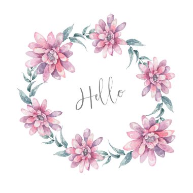 Davetiye. Düğün ya da doğum günü kartı. Çiçek çerçevesi. Pembe bahar, kırmızı, mavi ve yeşil yapraklı suluboya arkaplan. Boho tarzı. Güzellik izole buket daire çerçeve arka planı