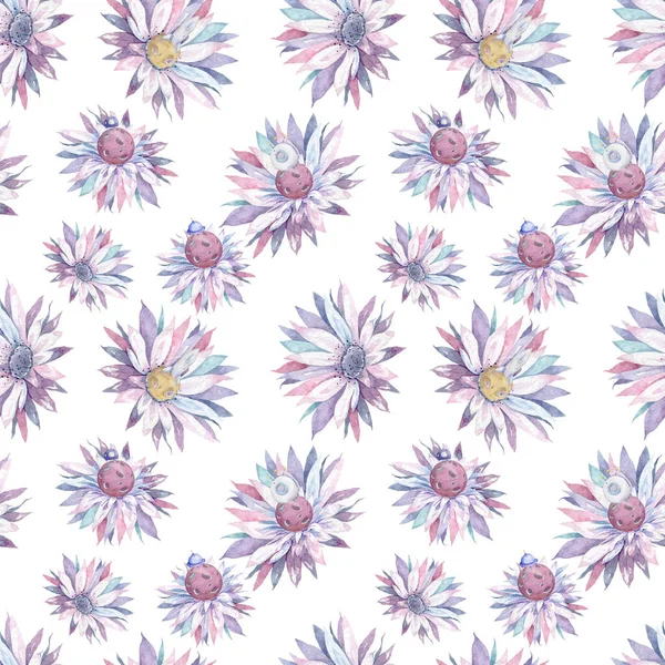 Όμορφο απαλό ροζ λουλούδι κάκτου με ροζ πλανήτες χωρίς ραφή μοτίβο, απομονωμένο σε λευκό φόντο. Αξιολάτρευτο σχέδιο ροζ πολύχρωμα λουλούδια ακουαρέλα. Μόδας στυλ για ύφασμα, ύφασμα — Φωτογραφία Αρχείου