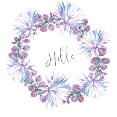 Davetiye. Düğün ya da doğum günü kartı. Çiçek çerçevesi. Pembe çiçekli ve yeşil yapraklı suluboya arkaplan. Boho tarzı. Güzel izole buket daire çerçeve pembe yaprak arkaplan