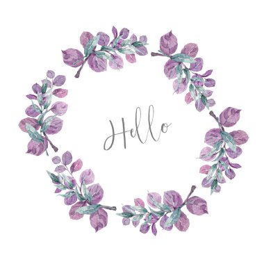 Davetiye. Düğün ya da doğum günü kartı. Çiçek çerçevesi. Pembe çiçekli ve yeşil yapraklı suluboya arkaplan. Boho tarzı. Güzel izole buket daire çerçeve pembe yaprak arkaplan