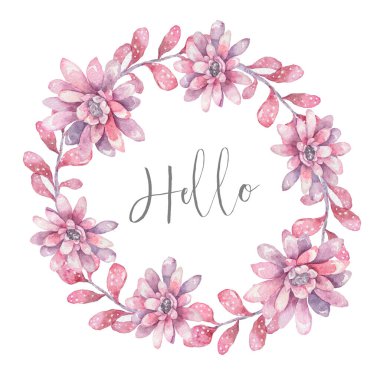 Davetiye. Düğün ya da doğum günü kartı. Çiçek çerçevesi. Pembe çiçekli ve yeşil yapraklı suluboya arkaplan. Boho tarzı. Güzel izole buket daire çerçeve pembe yaprak arkaplan
