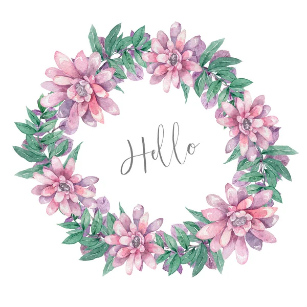 Convite. Casamento ou cartão de aniversário. Moldura floral. Fundo aquarela com flores rosa e folhas verdes. Estilo Boho. Beleza isolado bouqet círculo quadro rosa folha fundo — Fotografia de Stock