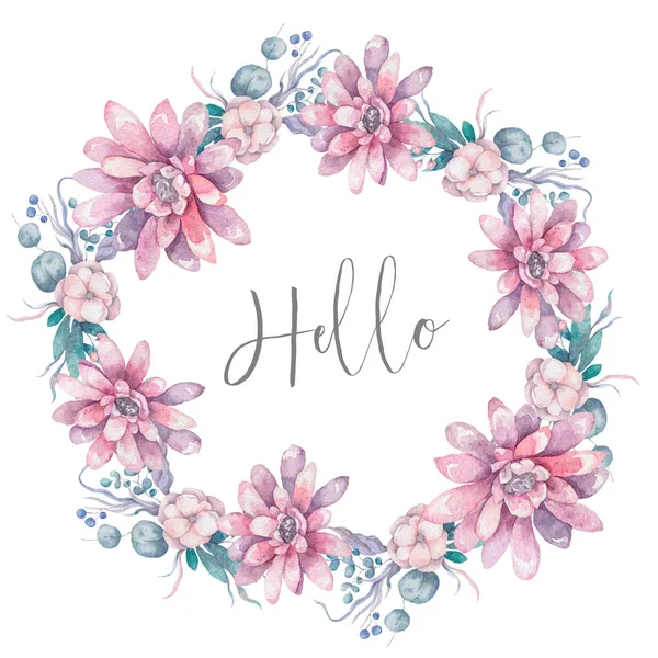 Invito. Biglietto di nozze o di compleanno. Cornice floreale. Sfondo acquerello con fiori rosa e foglie verdi. Stile Boho. Bellezza isolato bouqet cerchio cornice rosa foglia sfondo — Foto Stock