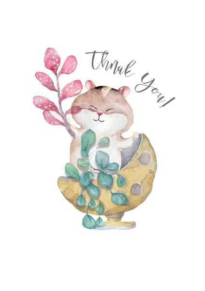 Dankeschön-Geschenkkarte mit einem glücklichen Hamster, der eine rosa Blüte hält und süße florale Blätter hinterlässt, eine Komposition in einem weißen Rahmen auf hellgelbem Hintergrund. Aquarellillustration. — Stockfoto