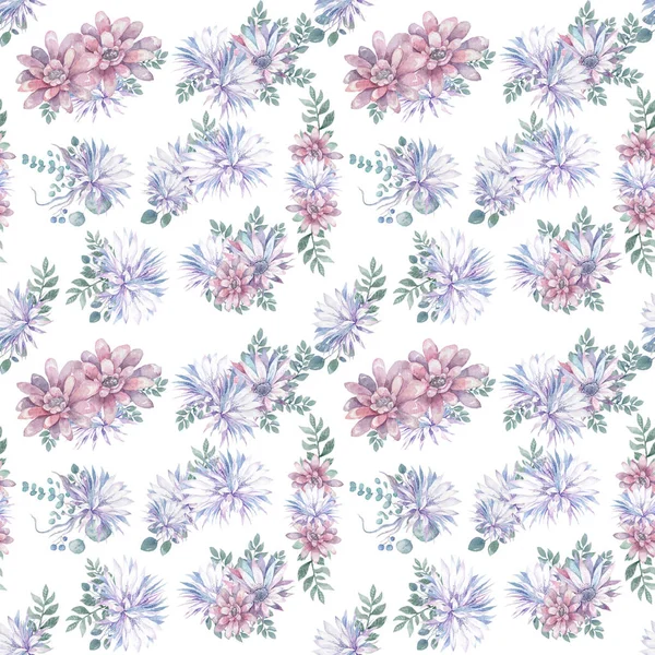 Цей сучасний рожевий і фіолетовий квітковий візерунок має повторюваний квітковий фон з пастельними кольорами. Акварельні лотосові та кактусові квіти барвисті ілюстрації для весілля, кладки, запрошення — стокове фото