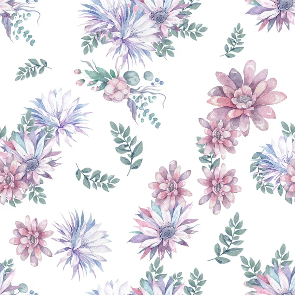 Αυτό το μοντέρνο ροζ και μοβ λουλουδάτο μοτίβο διαθέτει επαναλαμβανόμενο σχέδιο φόντου λουλουδιών με χρώματα παστέλ. Υδατογραφία λωτού και κάκτων λουλούδια πολύχρωμη απεικόνιση για το γάμο, τη δόνηση, πρόσκληση — Φωτογραφία Αρχείου