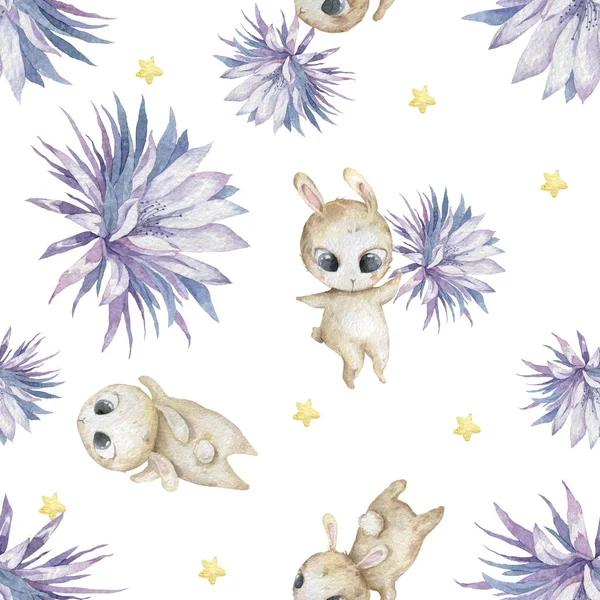 Πάσχα απρόσκοπτη σχέδιο μοτίβο με κουνελάκια Χαριτωμένο ακουαρέλα πολύχρωμο εικονογράφηση με μπλε λουλούδια και λαγουδάκι σε λευκό φόντο. Παιδικό κλιπ τέχνης — Φωτογραφία Αρχείου