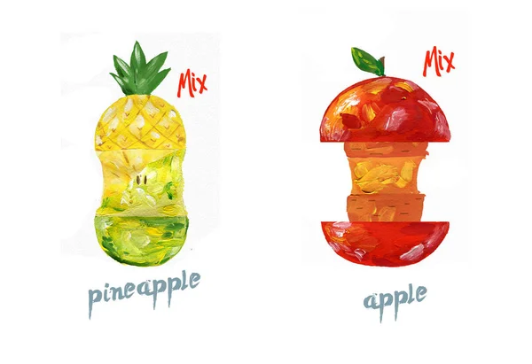 Cut red apple and pinapple watercolor fresh clip art juice style color drawing on white background — 스톡 사진
