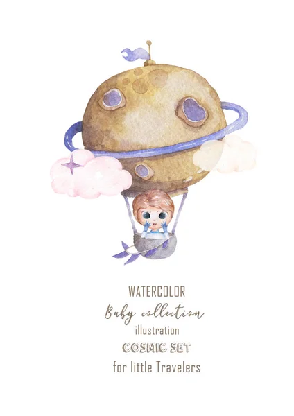 Cute watercolor astronaut intro air baloon and stars in space for birthday party in cosmic style, Cartoon colorful illustration for little dreamers baby shower — 스톡 사진