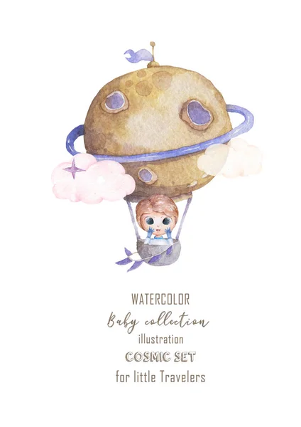 Cute watercolor astronaut intro air baloon and stars in space for birthday party in cosmic style, Cartoon colorful illustration for little dreamers baby shower